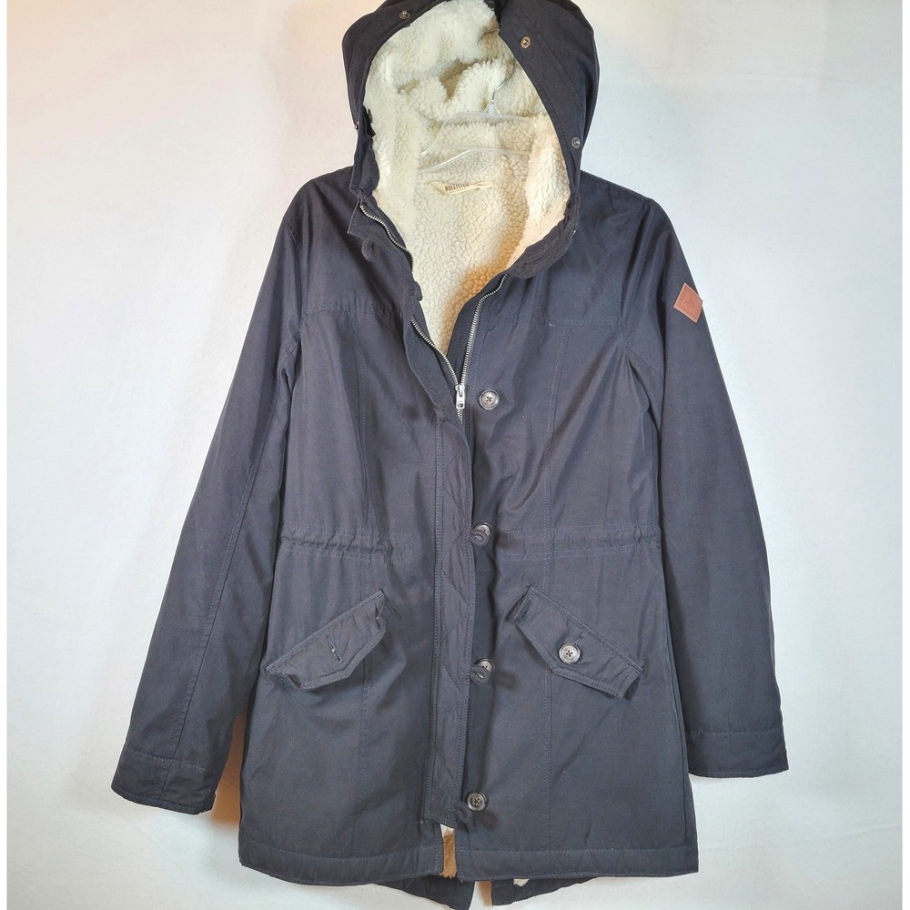 Hollister Womens Parka Jacket Sherpa Lined Hooded Utility Coat Size Medium Black